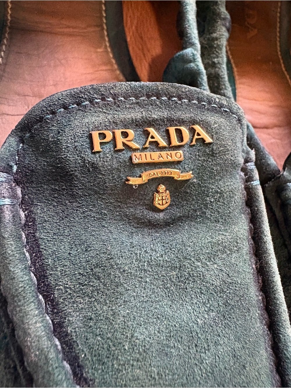 Prada Suede Loafers with Gold Logo - Picture 2 of 7